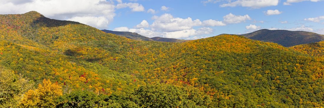 Panoramic rolling Blue Ridge slopes scattered with early autumn color under a soft cloud-dappled sky — Blue Ridge Parkway
