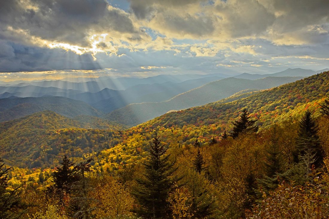 Autumn ridges glowing in warm golden hour light — Blue Ridge Parkway
