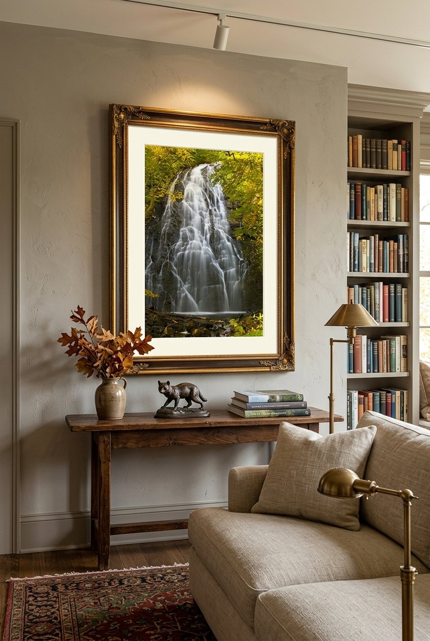 A framed Mike Skultety landscape print displayed on a wall
